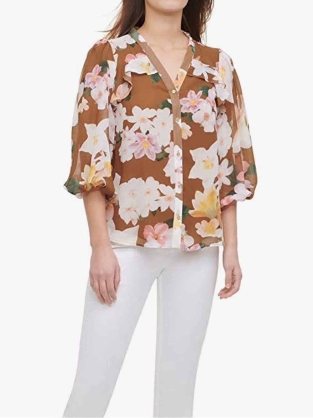 Calvin Klein Brown Floral V-Neck Ruffle Button-Front Top